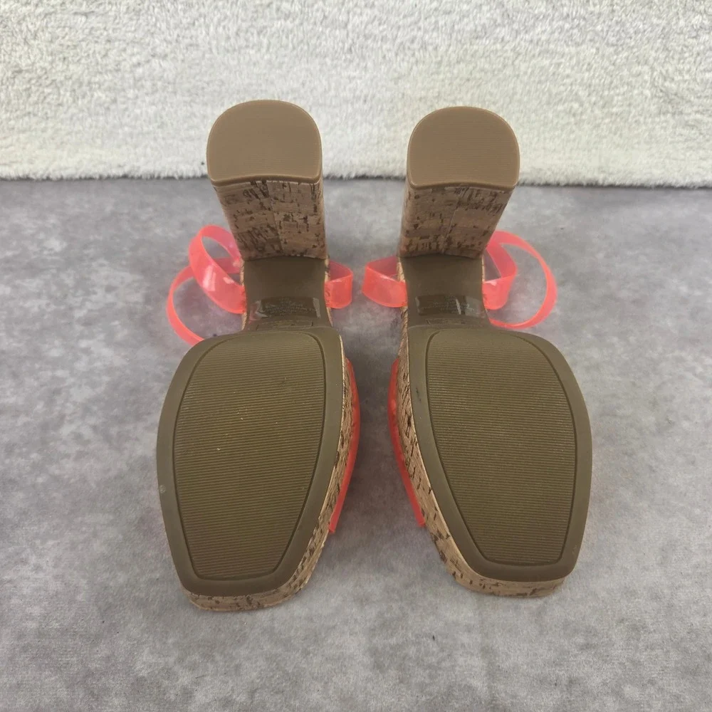GBG Los Angeles GGQUEEN Neon Coral PVC Cork Platform Block Heel Sandals 9M